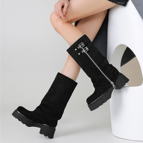 Women's All Black Chunky Slouchy Fold Over Wide Calf Buckle Knee High Boots - Picture 3 of 5
